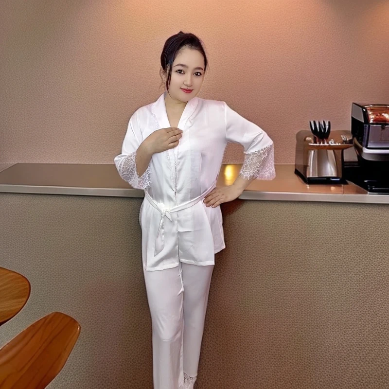 2025新款月光白高级感仿醋酸睡衣女春秋季轻奢长袖花边家居服套装