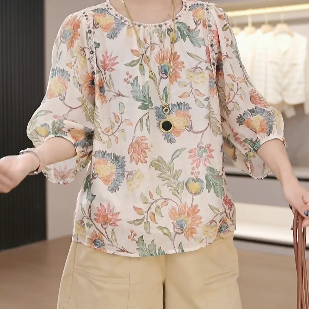 【复古】2025夏季新款复古印花上衣显瘦小衫半袖衬衫碎花短袖上衣