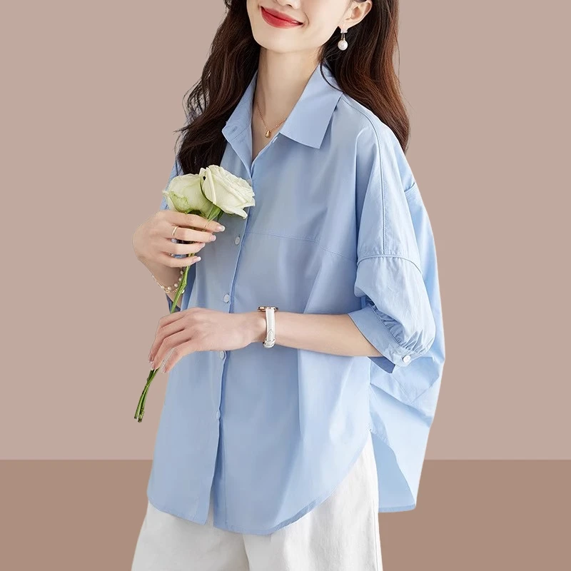 宽松显瘦短袖衬衫女2025夏季新款宽松上衣休闲漂亮小衫五分袖衬衣