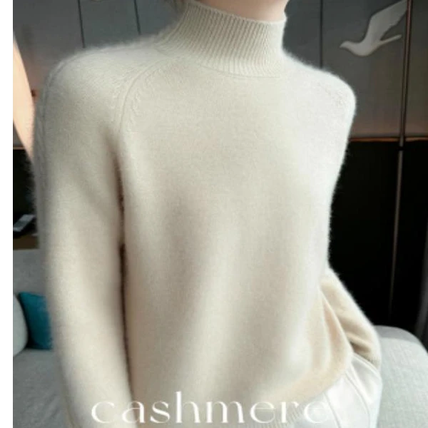 7针插肩扭花袖半高领羊绒衫女士