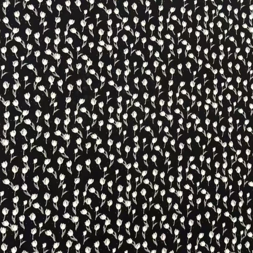 【黑白小郁金香弹力双绉面料布料】微弹不透肉时尚时装面料雪纺