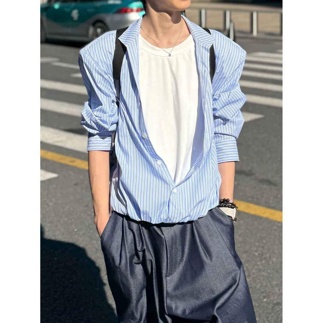韩国高级感假两件蓝色条纹衬衫男长袖小众撞色拼接设计感垫肩衬衣