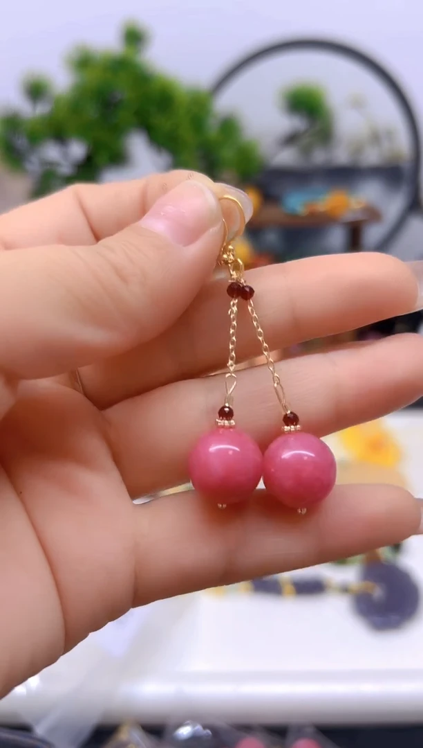 【闪购商品】菱锰矿（红纹石）耳饰14K金镶嵌耳饰E613