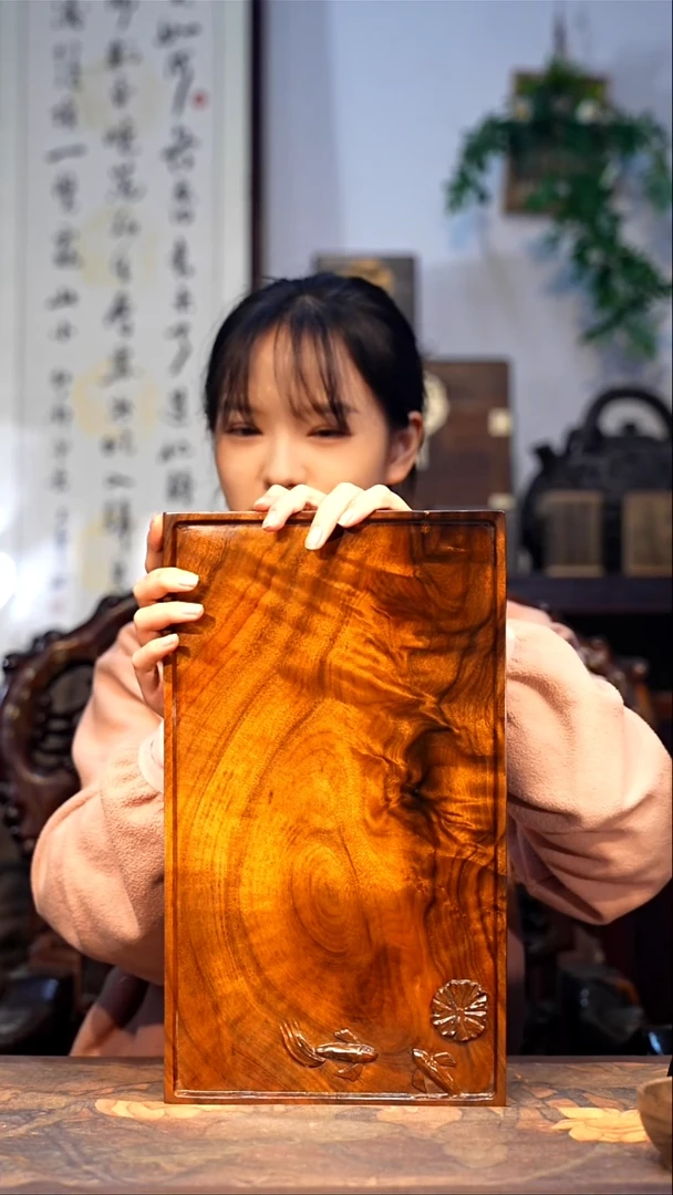 金丝楠小叶桢楠【51】祥云纹 黄料 一木整雕 纯干料茶盘 尺寸39*22