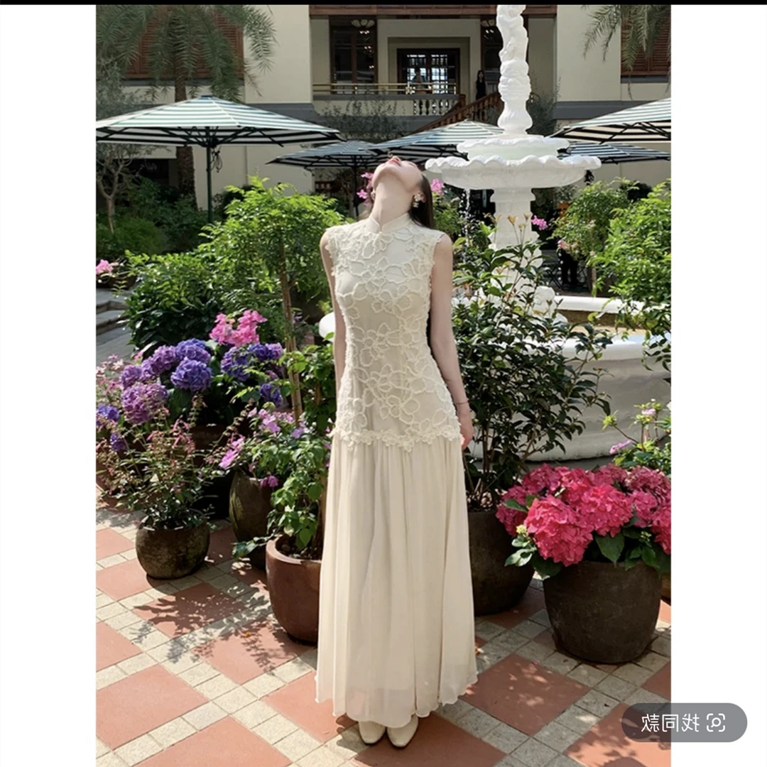 【雪俏】国风新中式杏色提花低调奢华典雅气质拼接法式连衣裙