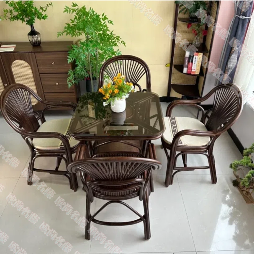 6008单人凤尾椅4+1套装手工玛瑙藤复古客厅简约书房办公休闲藤椅