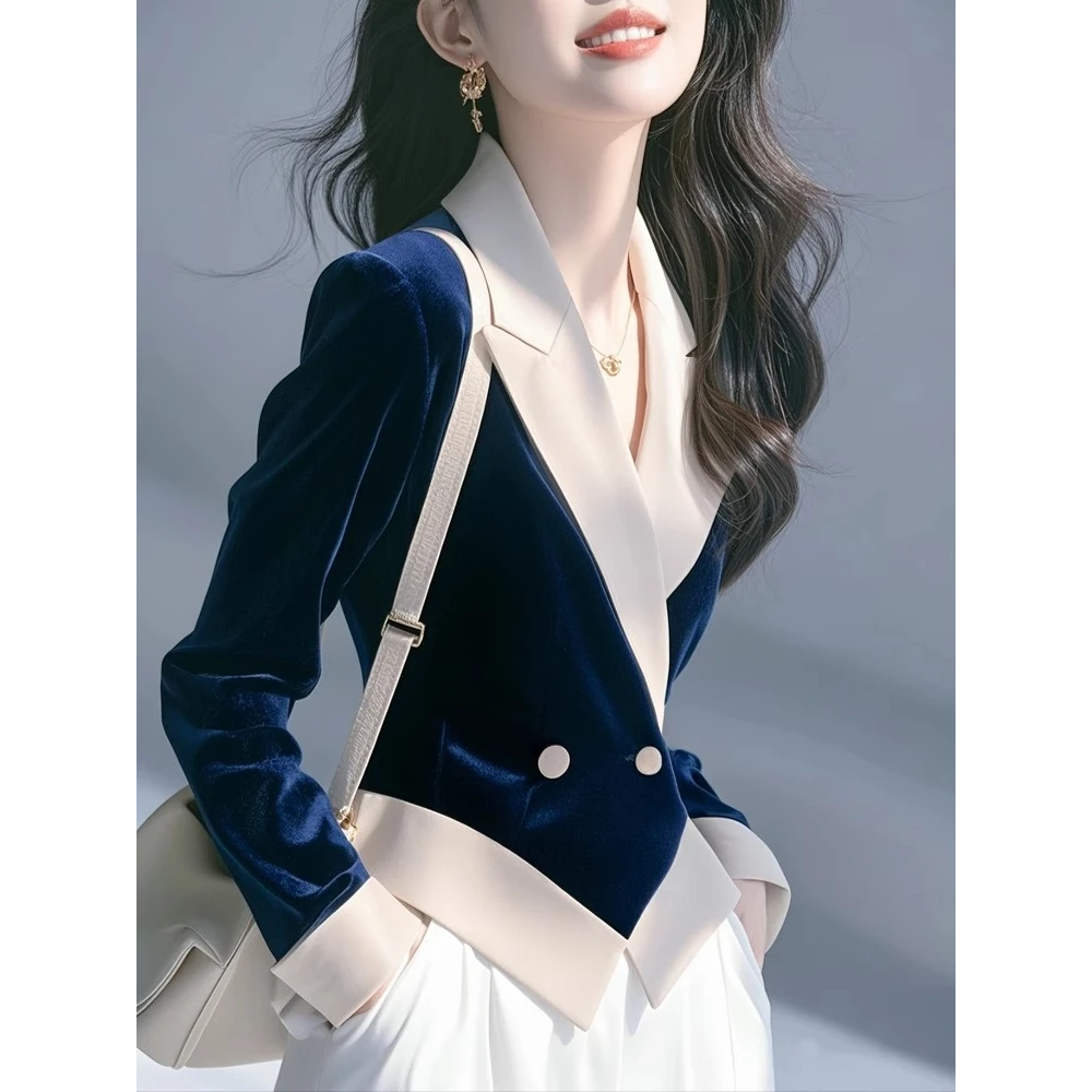 法式时尚高端名媛复古蓝色收腰长袖衬衫女2025新款早春气质小上衣