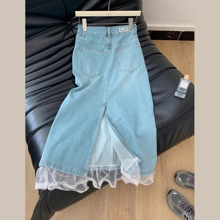 春夏新款蕾丝拼接开叉半身裙梨形身材高腰遮胯显瘦A字中长牛仔裙