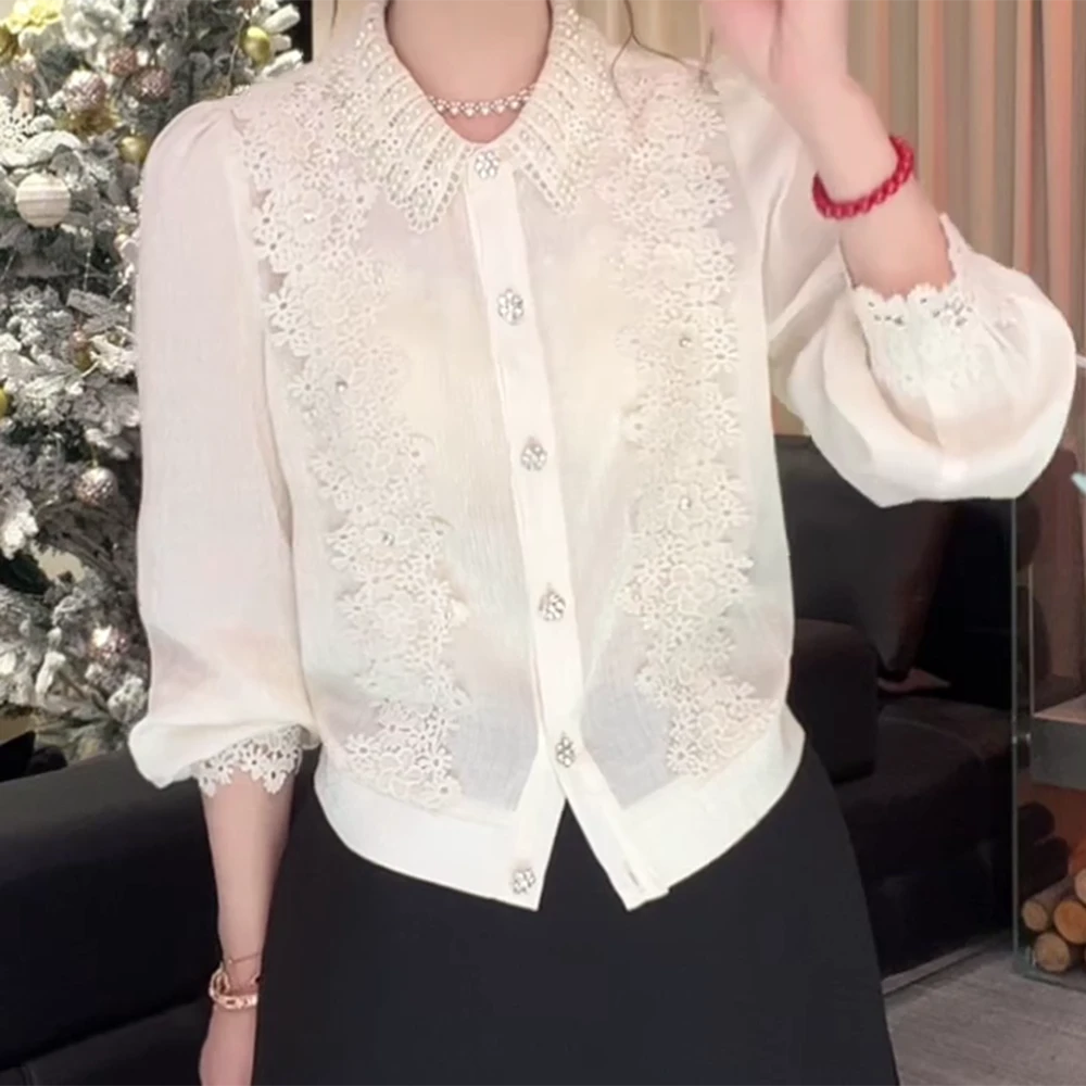 【春日荡漾】新款高级设计感重工花边钉珠精致拼接百搭衬衫女