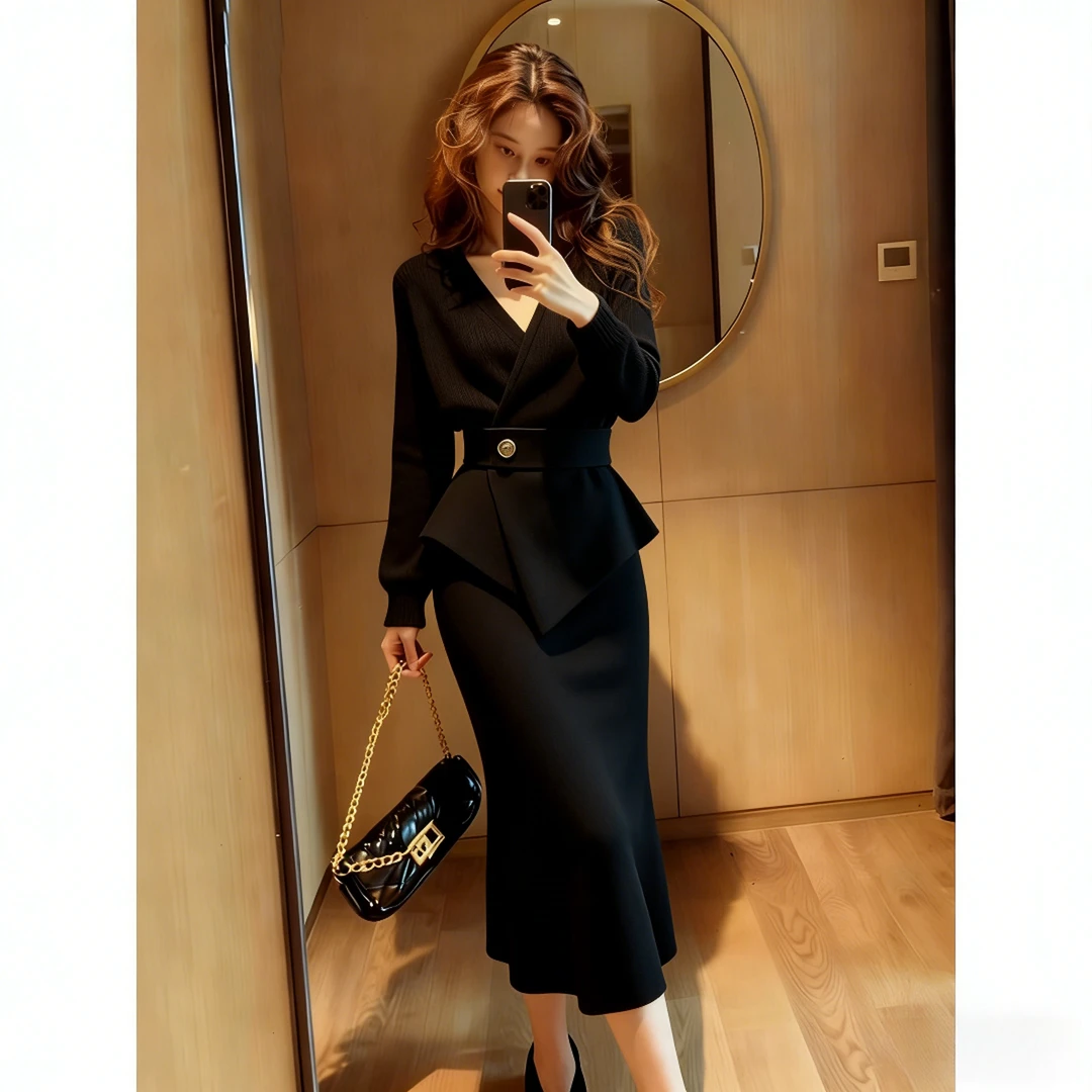 韩系一整套深冬穿搭黑色收腰V领毛衣重要场合漂亮超好看冬裙套装