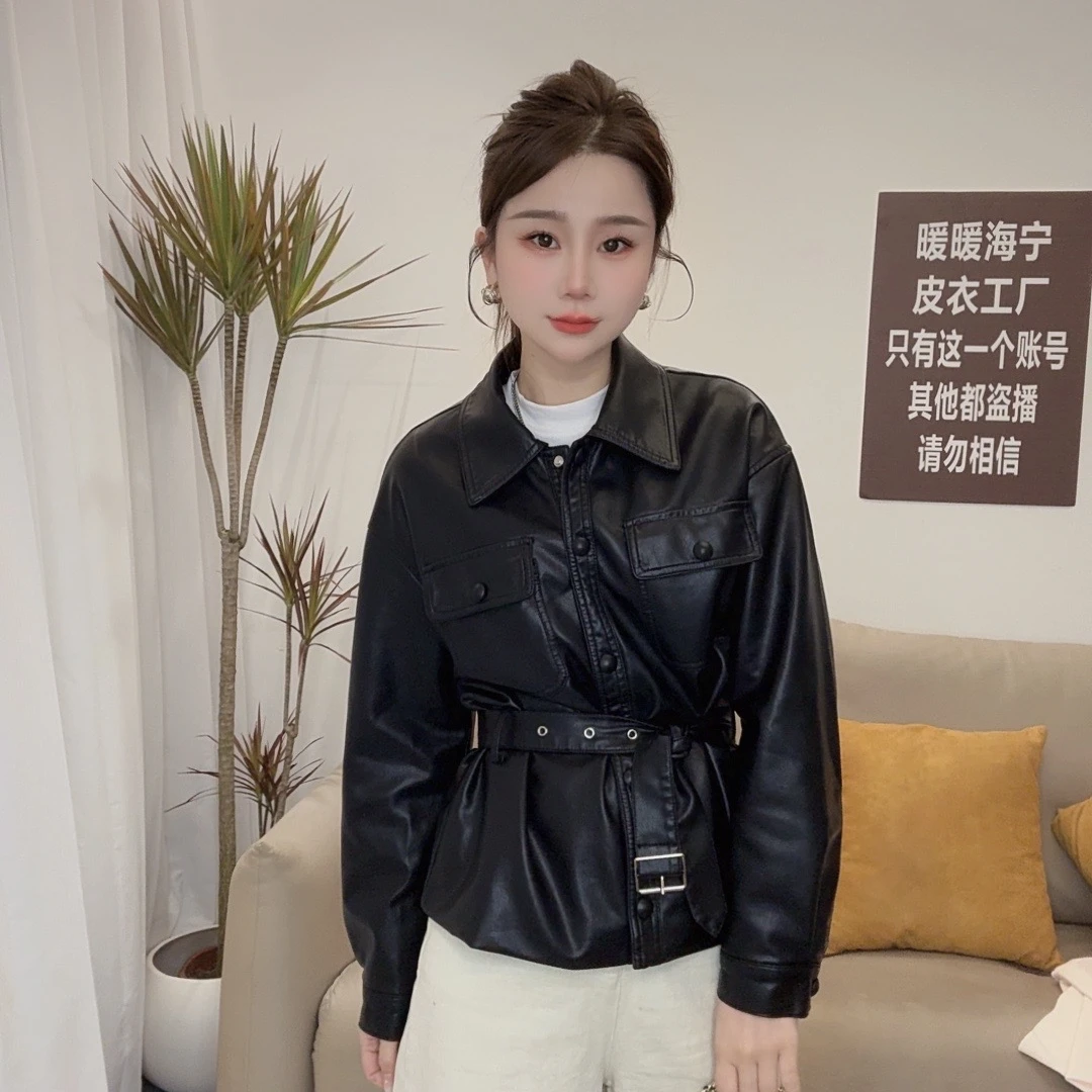 【明星同款】宋佳同款海宁皮衣外套女2025年秋季新款高级腰带皮6005