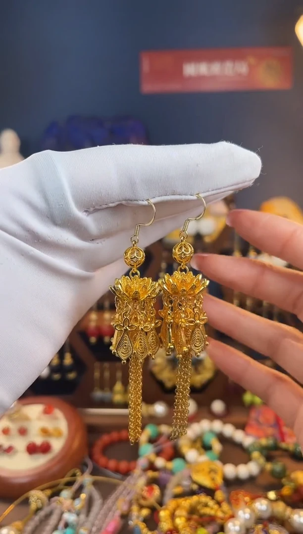 206号大小莲花珐琅耳钩