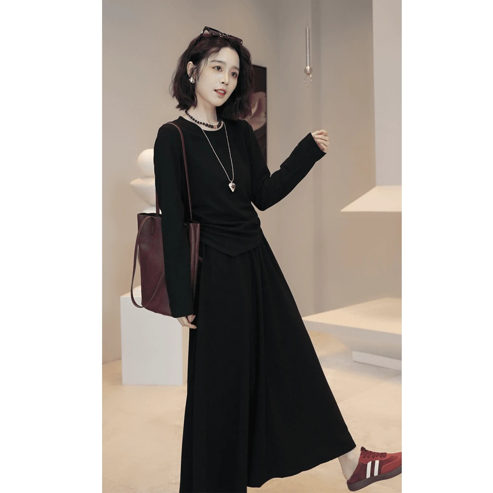 wdd早春圆领长袖显瘦高腰半身裙xx