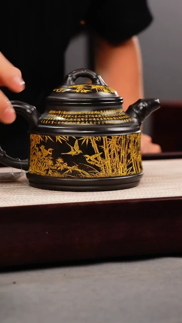 茶杯紫砂石黄 竹鼎 燕子图 描金