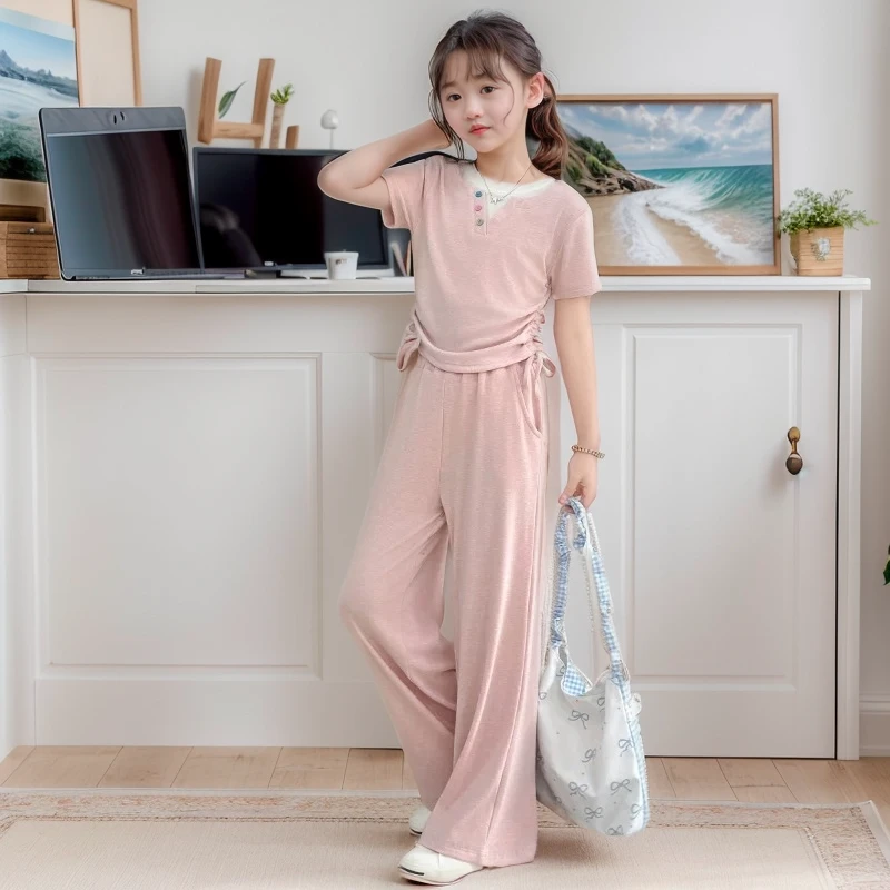 女童2025夏季韩版休闲短袖薄款T恤阔腿裤套装中大童洋气儿童夏装