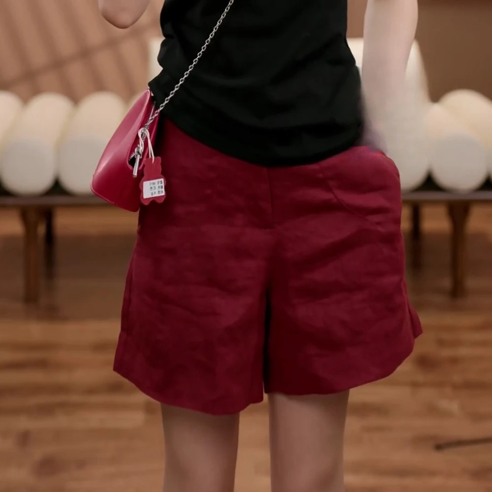 2025外穿"海岸小岛"夏季女款简约百搭纯色短裤时尚复古红色宽松