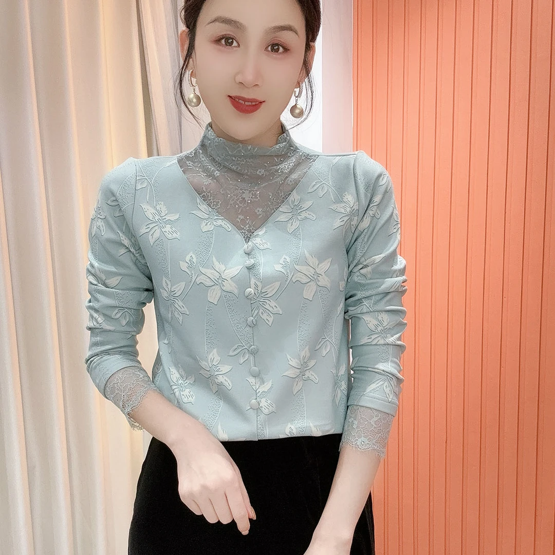 2025冬季新款半高领蕾丝气质百搭长袖减龄加绒打底衫上衣女861