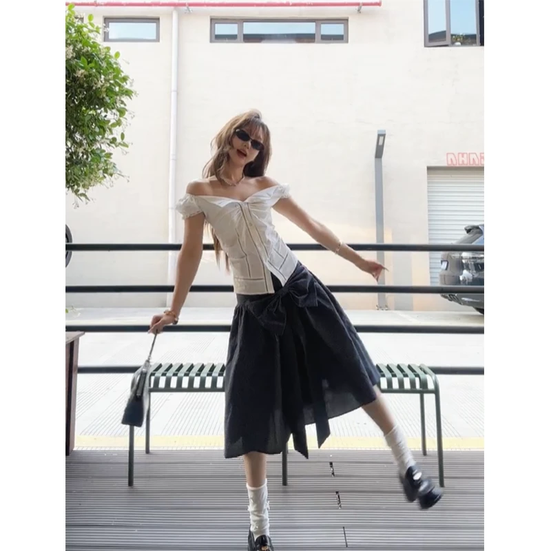 韩妹穿搭女士夏季一字肩排扣显瘦百搭韩系气质衬衫蝴蝶结法式半裙