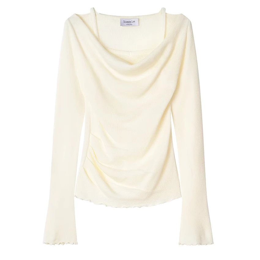 纯欲风荡领假两件打底衫女2025春季新款长袖内搭高级感一字肩上衣