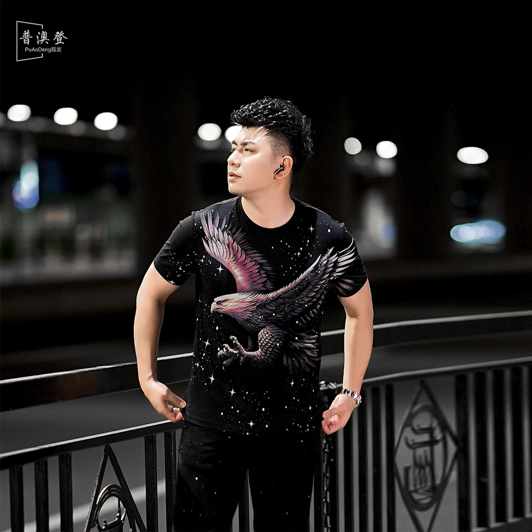 2025夏季新款时尚潮流个性百搭修身彩绘雄鹰烫钻男士休闲短袖T恤