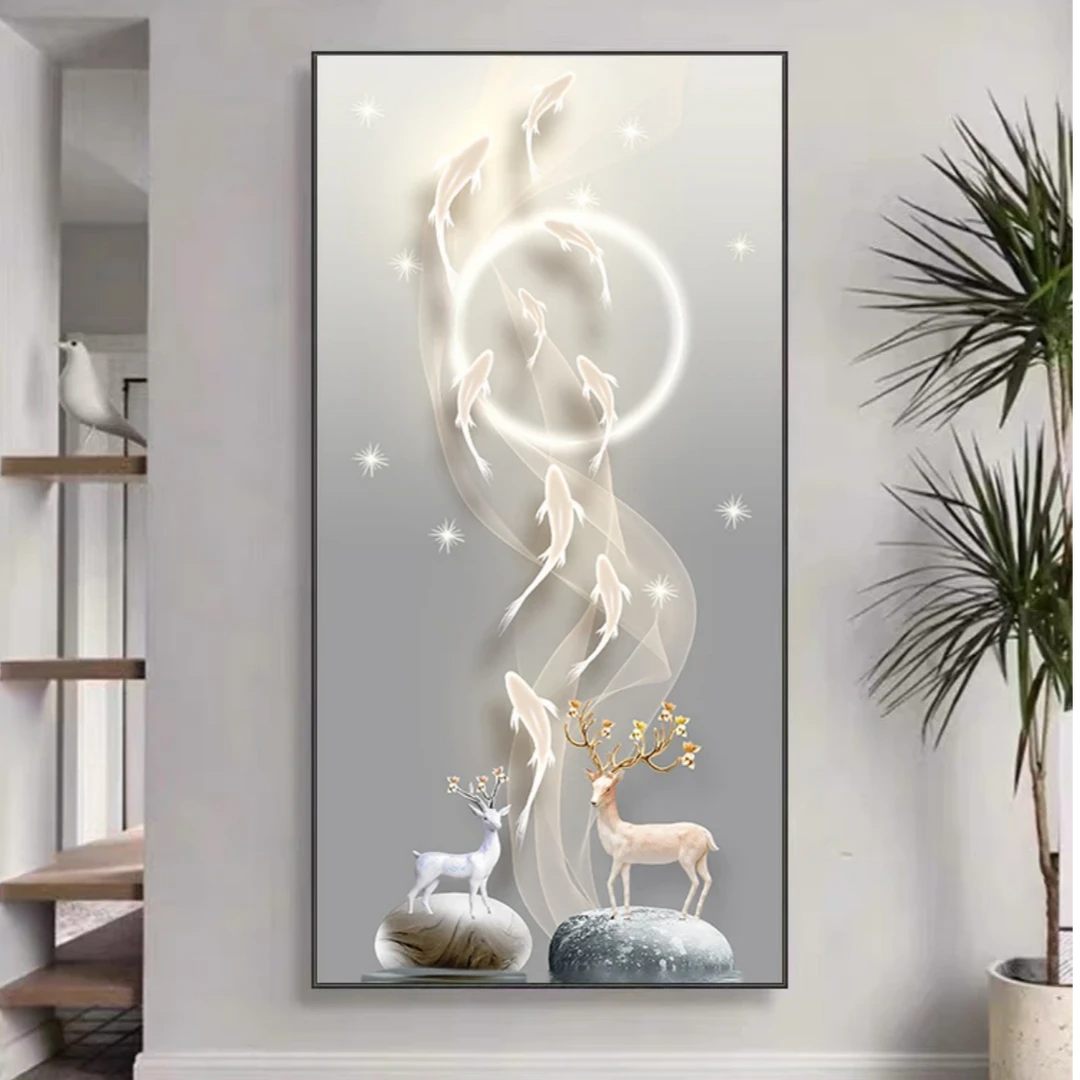 X185麋鹿九鱼图入户玄关装饰画走廊过道挂画晶瓷镶钻轻奢墙壁画