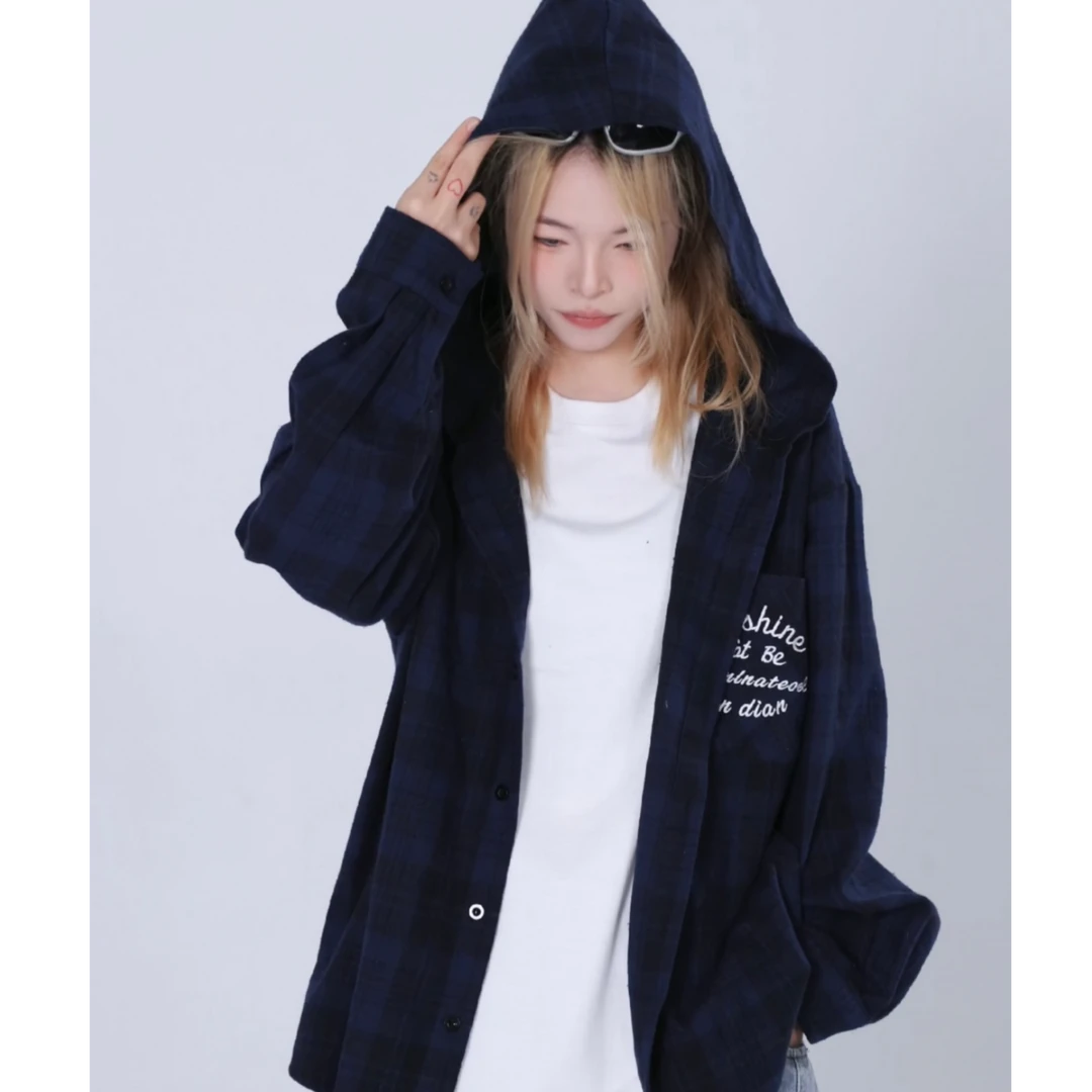 暗黑风复古格子连帽衬衫百搭情侣款/男女宽松春秋款开衫休闲上衣