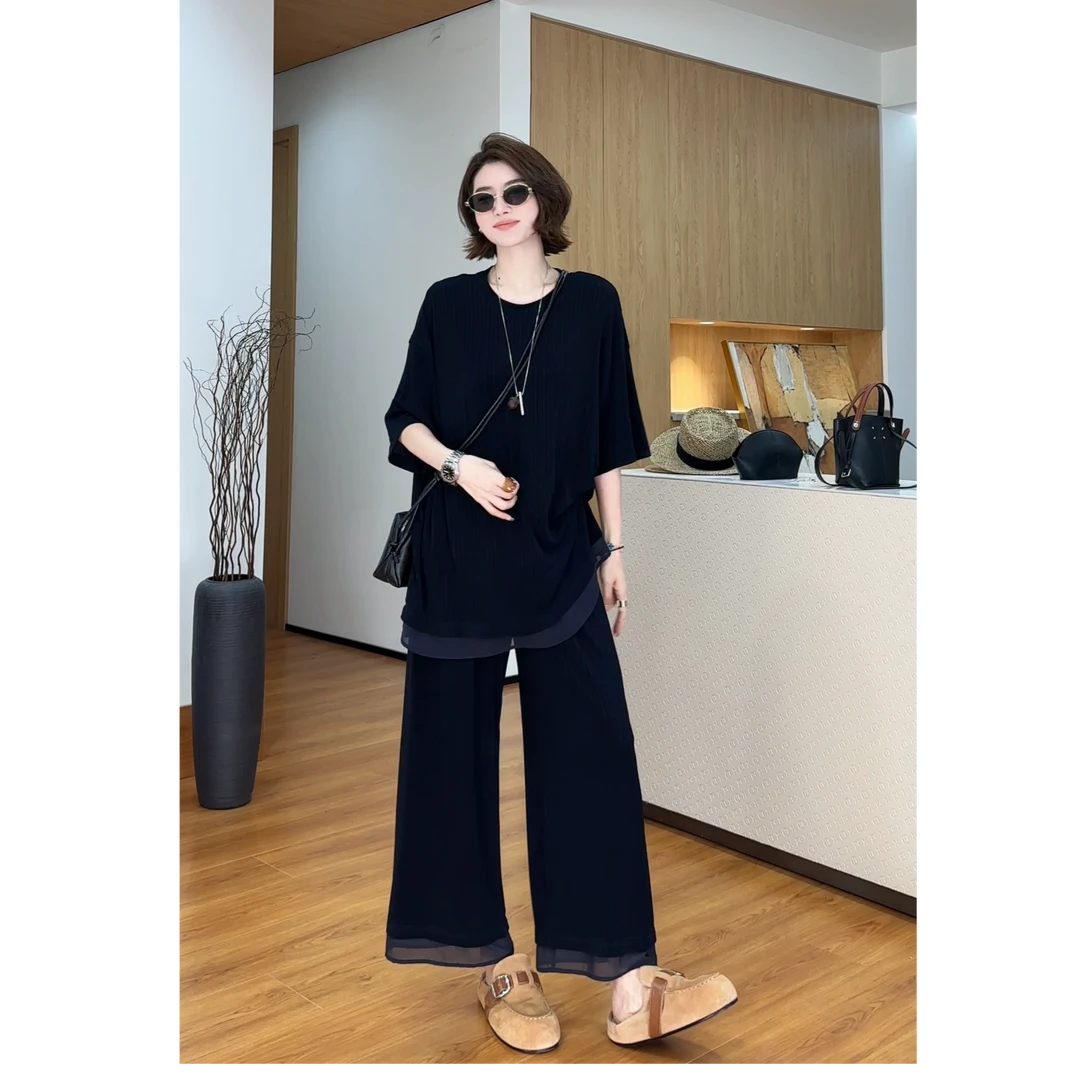 YYOUHAN 【慵懒周末】竖纹肌理感裤子T恤冰凉夏日套装 2505C2735