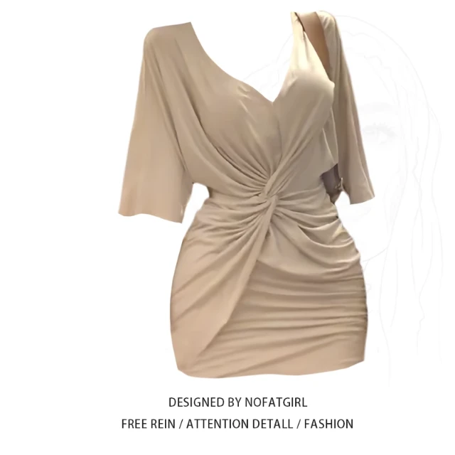 大码胖MM高级感纯欲风V领短袖连衣裙女夏季扭结收腰气质包臀短裙