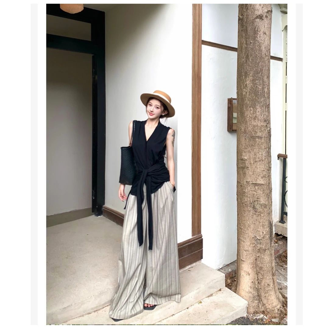 优秀的金蘑菇 夏日老钱条纹阔腿裤女