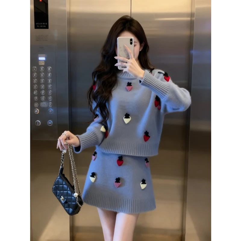 2025新款蓝灰色针织两件套初冬小个子今年流行上衣半身裙时尚套装