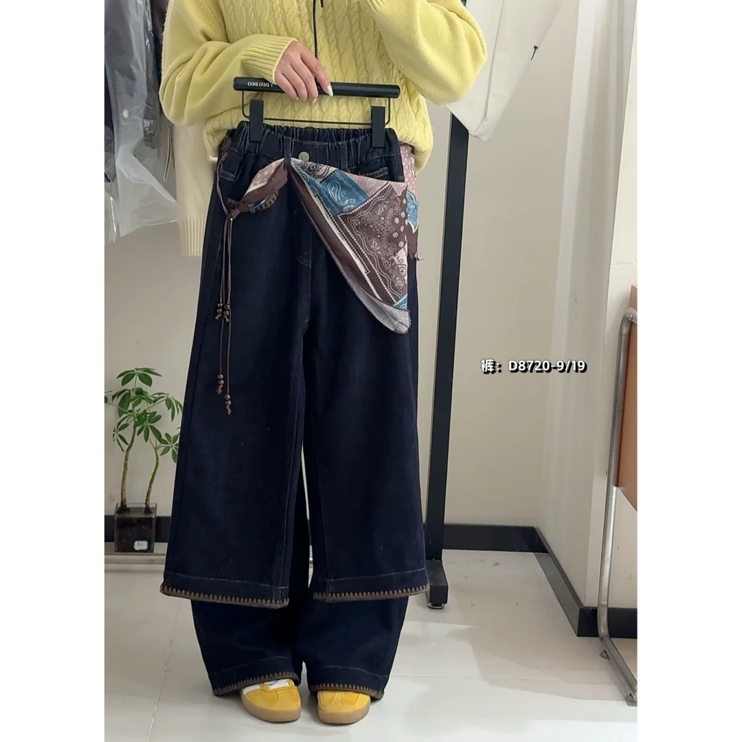 【小慕家】2025冬新款儿童洋气加绒丝巾刺绣花纹休闲牛仔裤8720