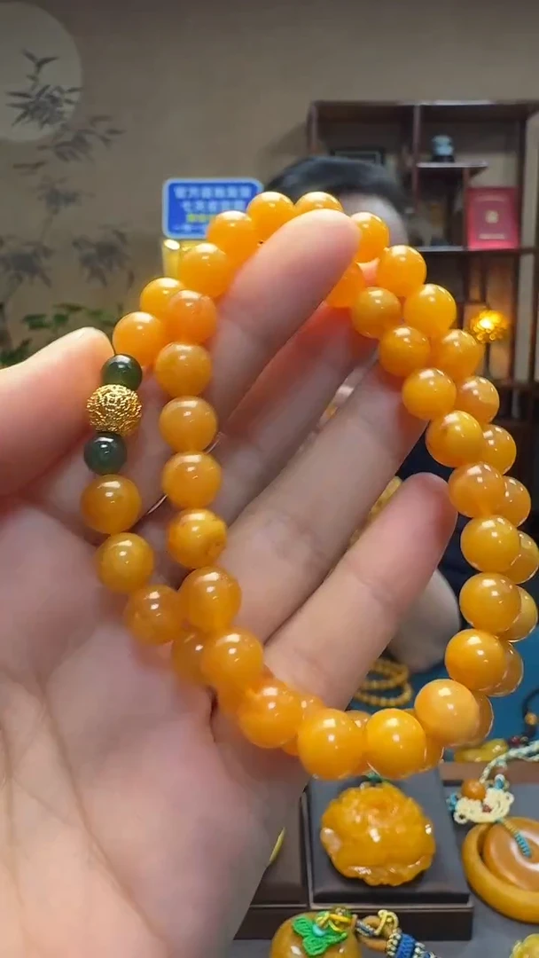 手链琥珀18K金镶嵌天然保真蜜蜡圆珠双圈