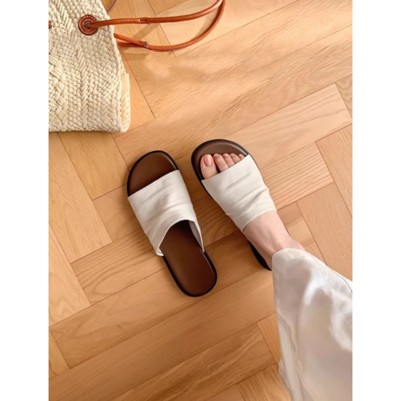 自留款~曼谷拖亚麻布褶皱拖鞋女外穿2025年新款休闲舒适平底拖鞋