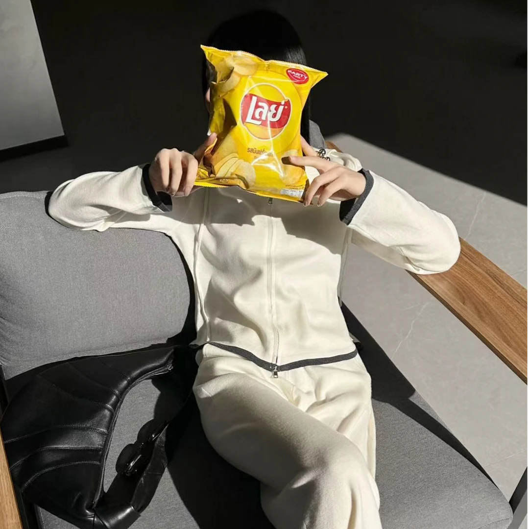 (2)春季连帽撞色双拉链薄款针织开衫女外套2025慵懒休闲帽衫上衣