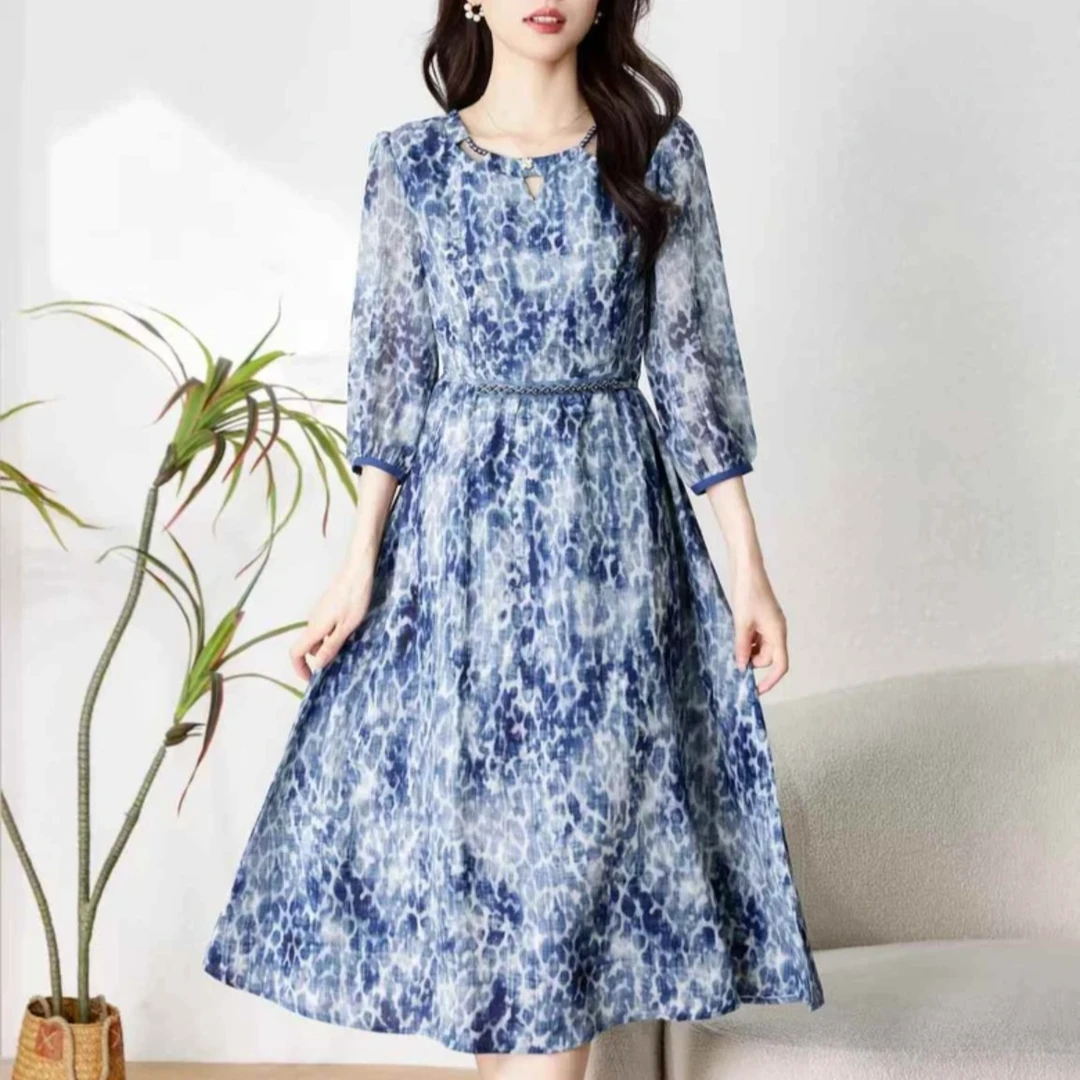 【衣雅严选】1185-2021#夏季新款桑丝纱手工钉珠系带高腰连衣裙