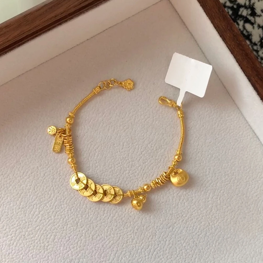 铜合金手链 轻奢平安喜乐五帝钱手链小众编织葫芦小福袋手串百搭
