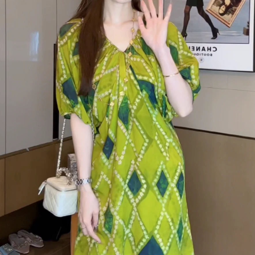 【丝芙玉禄】(S210)真丝双绉桑蚕丝气质印花减龄宽松女装连衣裙