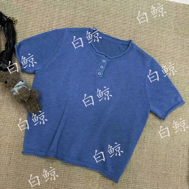 【简爱】2025年夏季新款和纸纱圆领针织三粒扣短袖女宽松毛衣2582