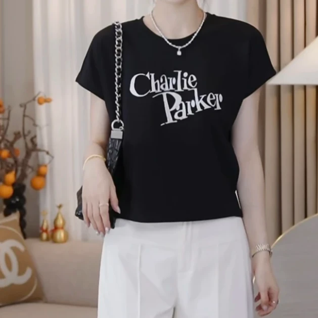 时尚印花打褶收腰显瘦百搭T恤女2025夏季新款圆领洋气上衣休闲