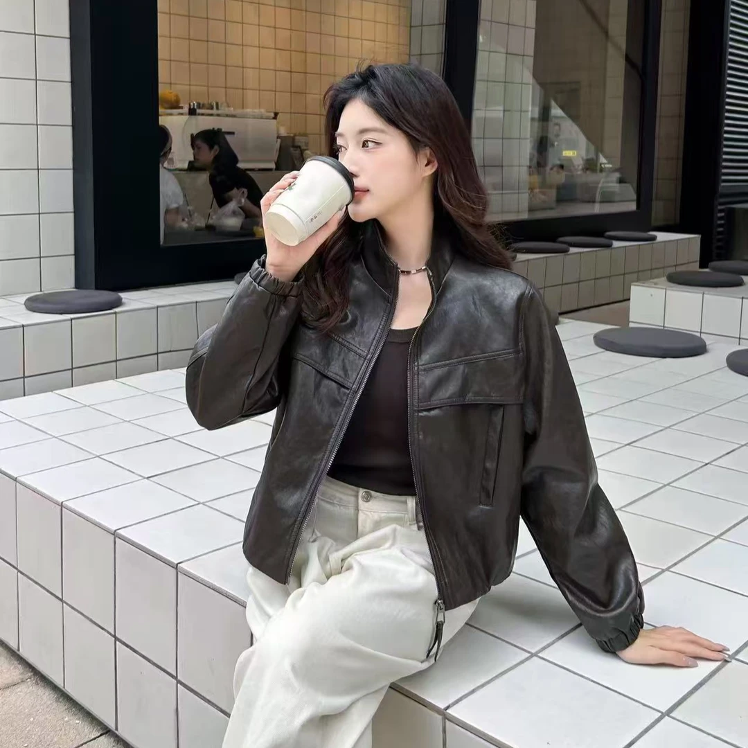 88111立翻领短款轻职风立领长袖皮衣女士百搭宽松翻领