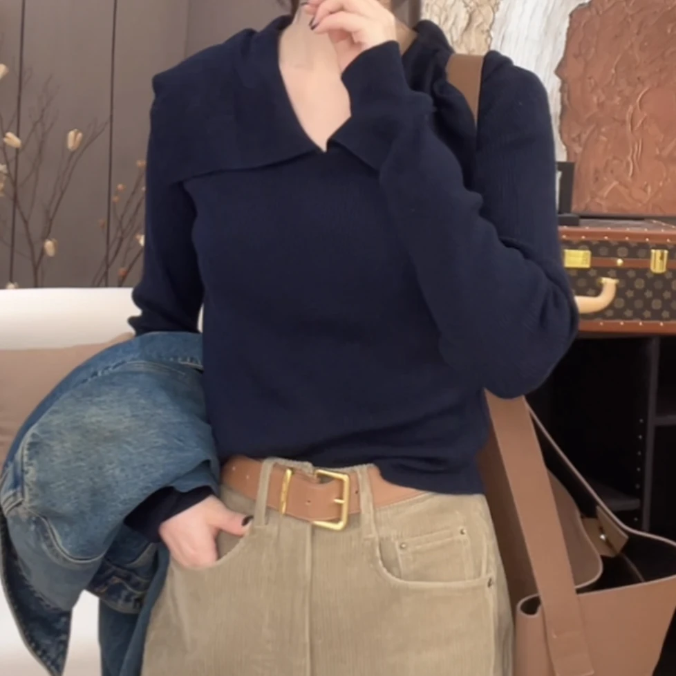 轻奢极简气质大翻领毛针织上衣2025新款春季纯色气质长袖T恤女