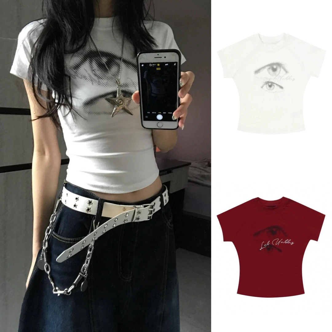 美式辣妹眼睛印花短袖设计感t恤女夏季别致独特小众修身短款上衣