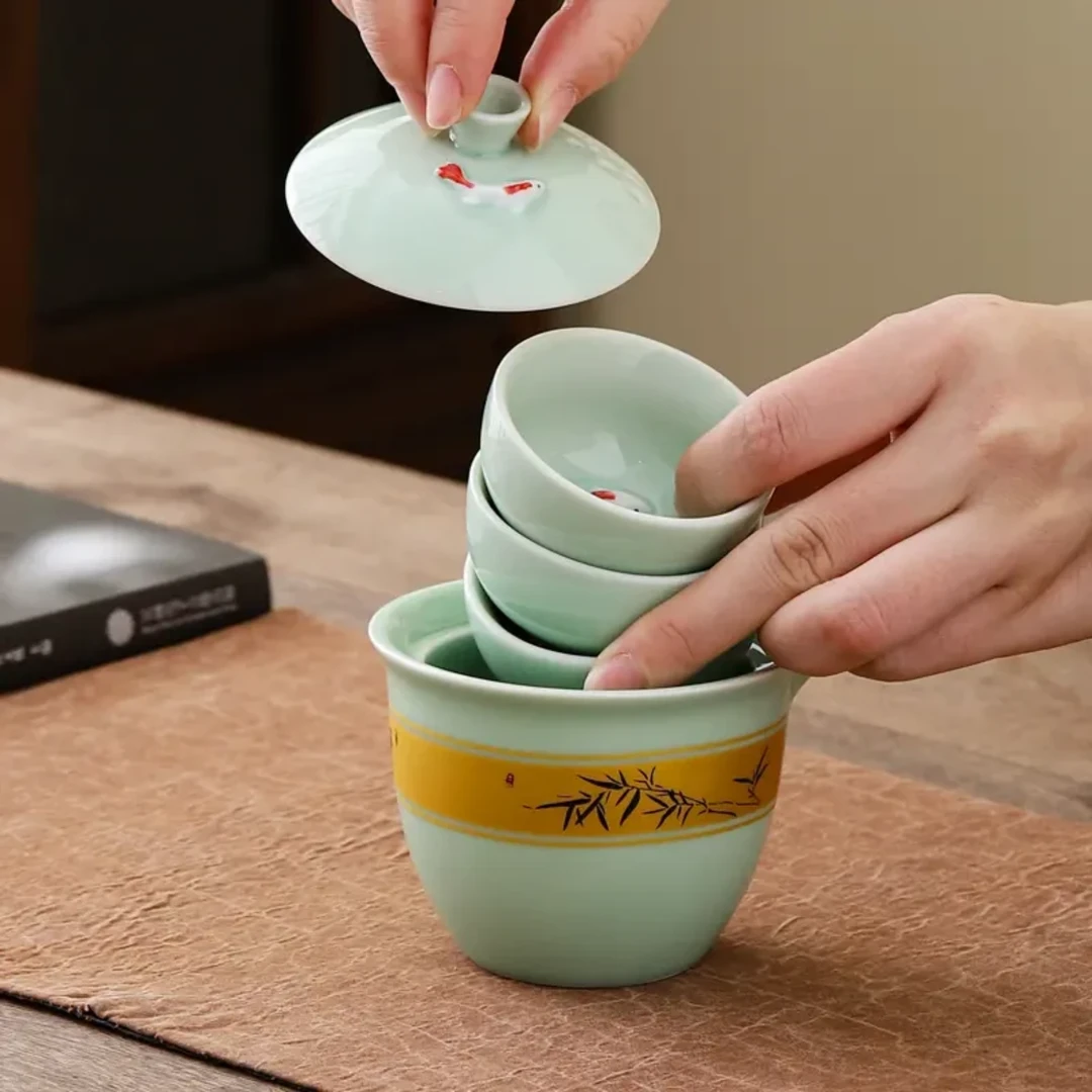 【沉鱼】腰缠万贯浮雕锦鲤旅行套装便携复古功夫茶具户外KK0286