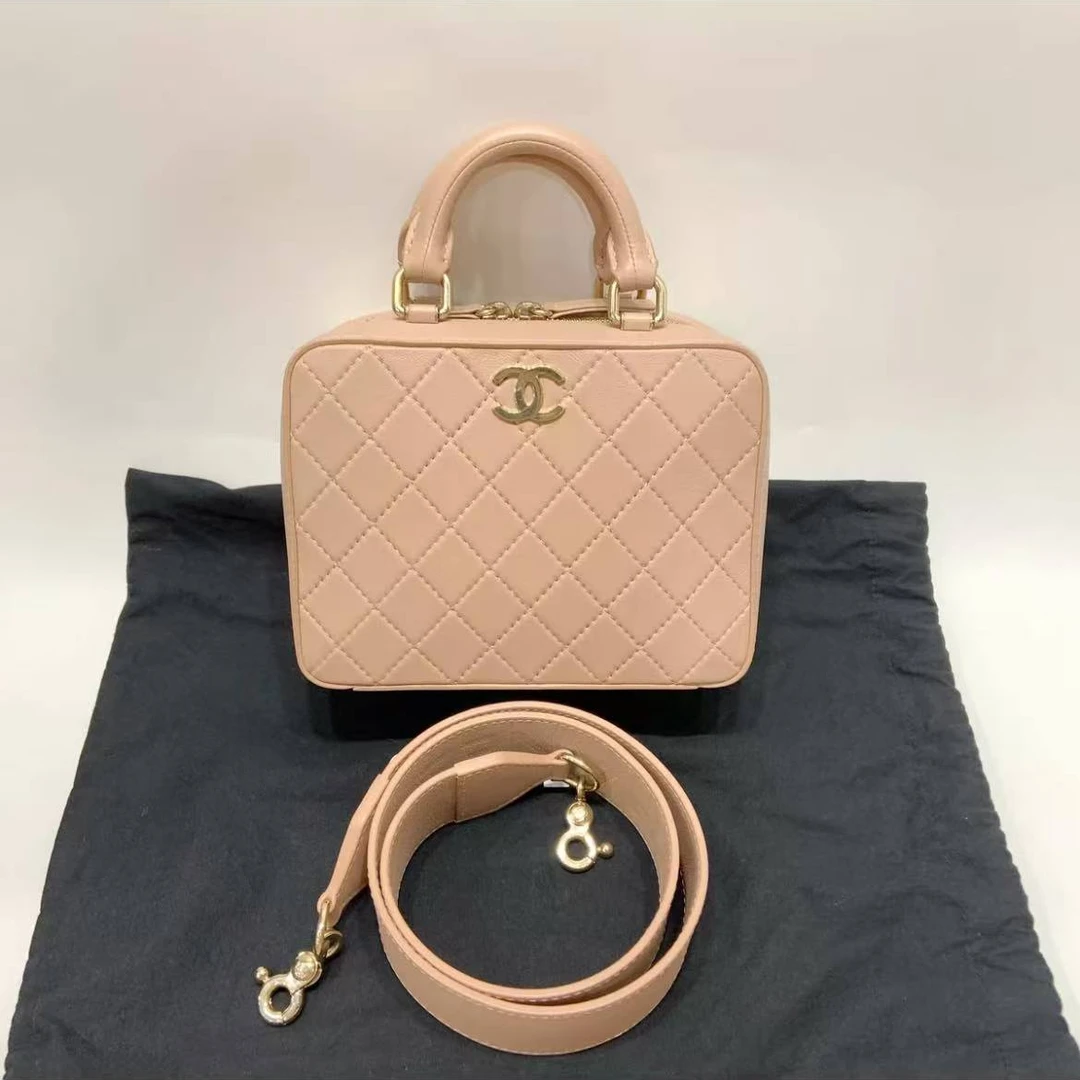 99新 Chanel/香奈儿 蓝总/裸粉色 淡金菱格纹化妆 盒子包