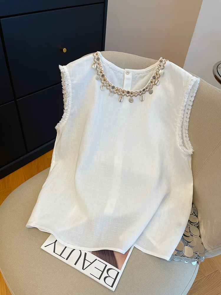 白色贝壳钉珠法式气质流苏度假风夏季无袖外穿女上衣