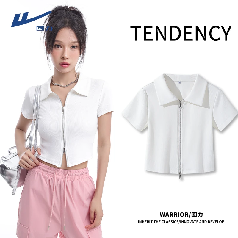 Warrior/回力POLO衫短款拉链T恤修身小众设计感显瘦翻领针织露脐