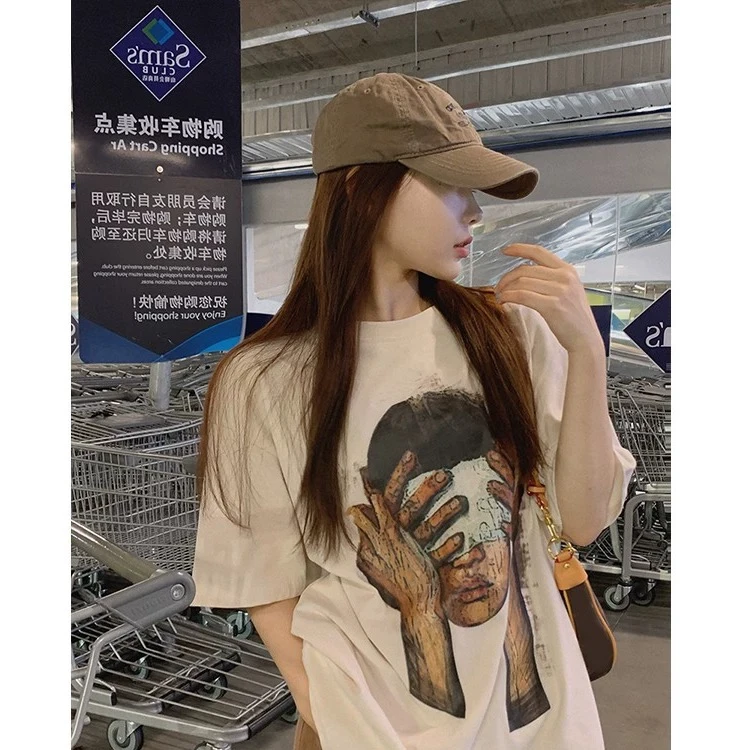 美式复古印花短袖T恤女2025夏季宽松甜酷辣妹别致情侣上衣潮牌ins