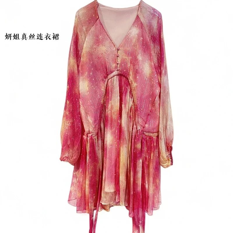 真丝连衣裙2025春夏新款桑蚕丝高端气质印花连衣裙 粉色 502251-1