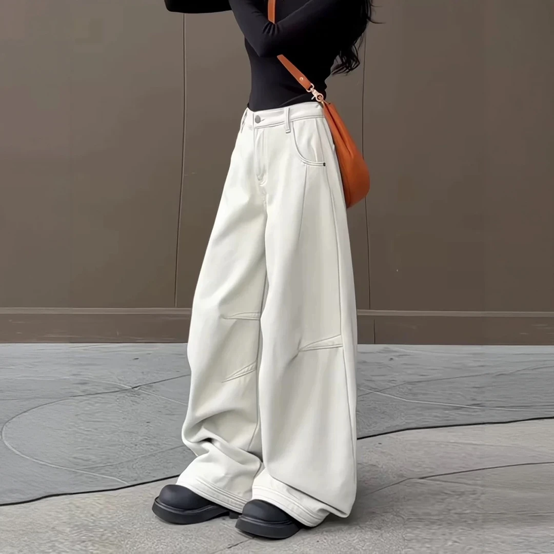 加绒保暖美式复古弯刀牛仔女秋冬新款大码胖mm高腰宽松显瘦阔腿裤