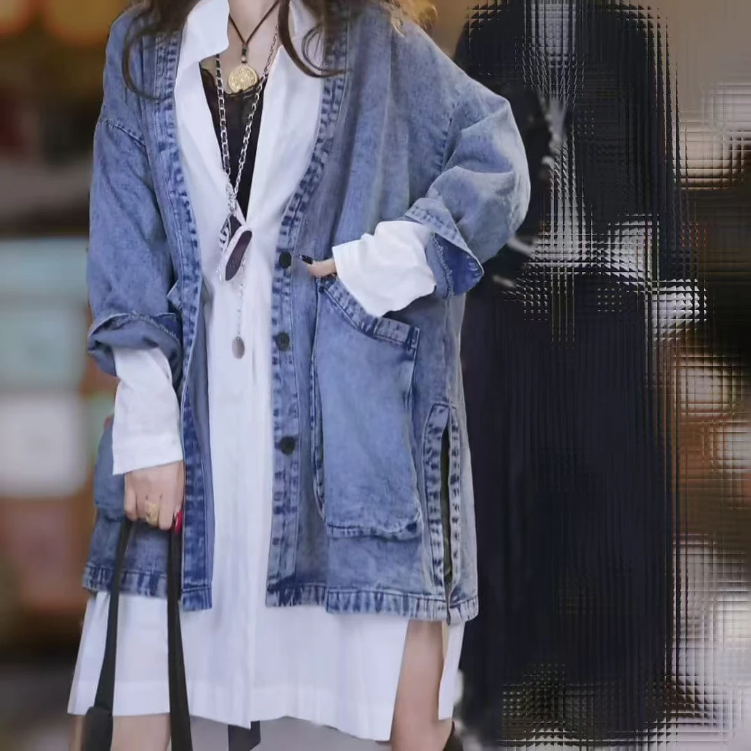 休闲百搭大口袋牛仔V领外套